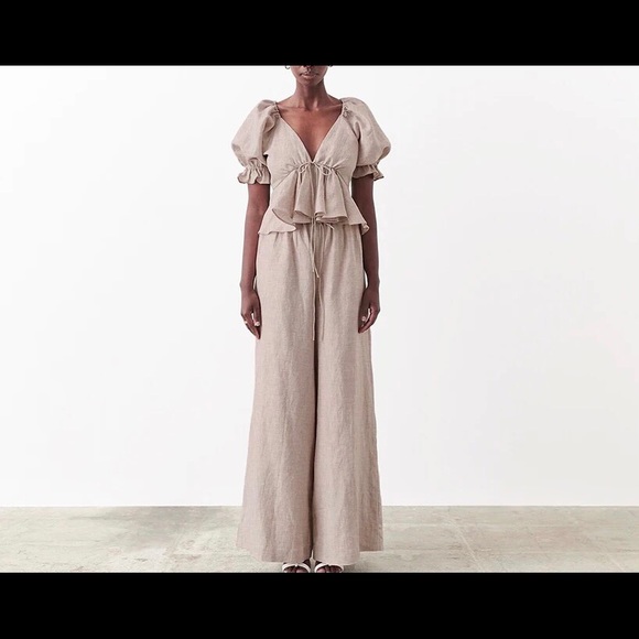 Top T-Shirt puff sleeve peplum khaki linen cotton linen - Picture 5 of 8